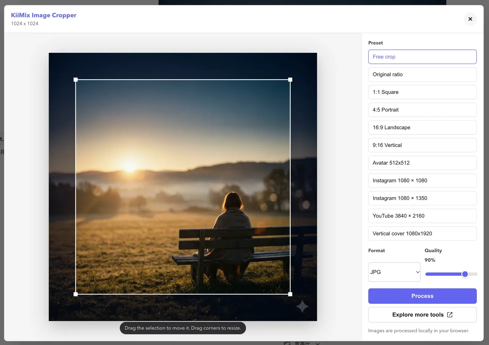 KiiMix extension editing a landscape photo with crop handles, size presets and output controls.